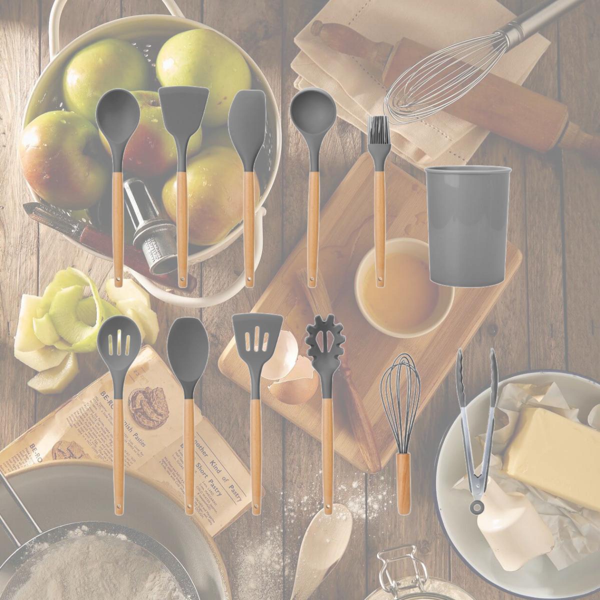 Picture of Fresh Fab Finds FFF-Grey-GPCT3024 11-Piece Silicone Cooking Utensil Set with Heat-Resistant Wooden Handle - Spatula, Turner, Ladle, Spaghetti Server, Tongs, Spoon, Egg Whisk, and more!