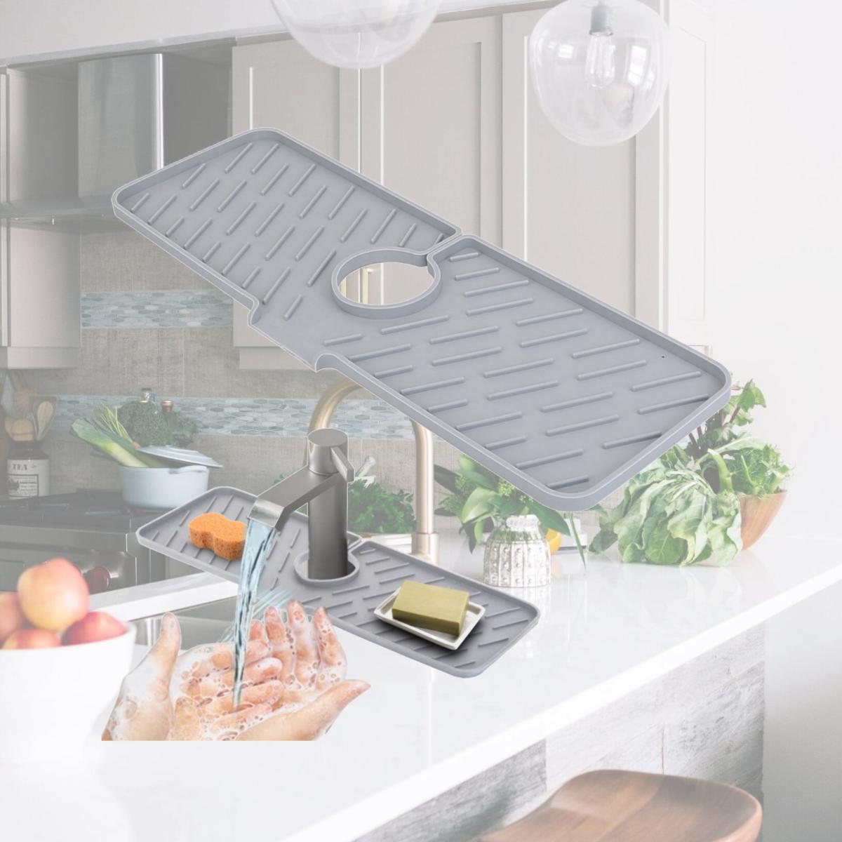 Picture of Fresh Fab Finds FFF-Grey-GPCT3568 Silicone Faucet Mat Kitchen Sink Splash Guard Drain Mat Drying Pad Kitchen Mat Bathroom Drip Catcher, Gray