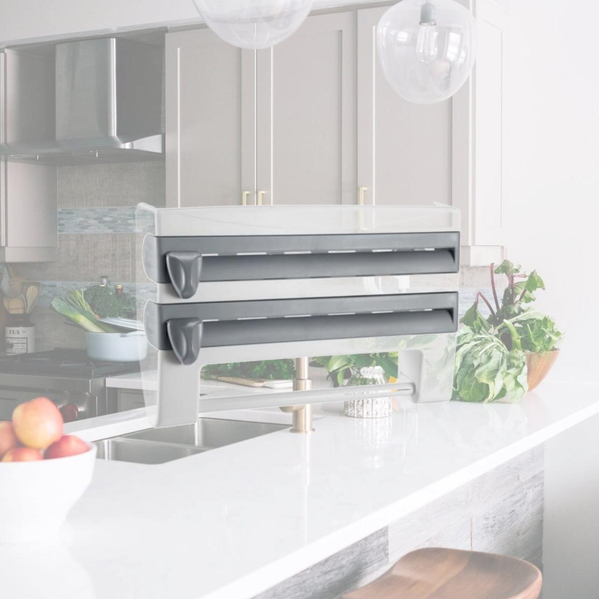 Picture of Fresh Fab Finds FFF-Grey-GPCt1787 Kitchen Dispenser Paper Roll Holder Plastic Wrap Film Foil Paper Organizer with Cutter Wall Mounted for Kitchen Bathroom, Gray - Unisex