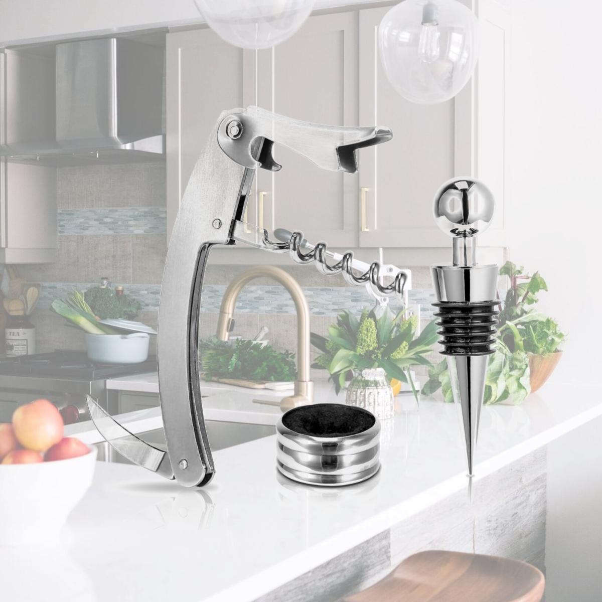 Picture of Fresh Fab Finds FFF-GPCT387 Corkscrew Bottle Opener Set Tool Foil Cutter Drip Collar Protector Cork Stopper Wine Bottle Cap Opener - 3 Piece