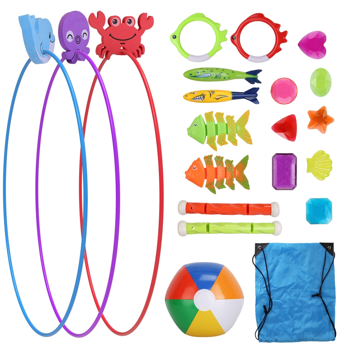 FFF-GPCT5060 Diving Pool Toys for Kids, Swim Thru Rings, Torpedoes, Gems - Multi Color - 24 Piece