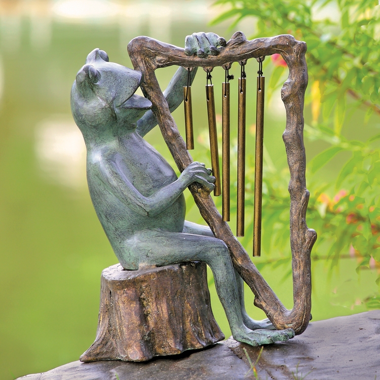 34538 Frog & Harp Tube Windchime Garden Sculpture