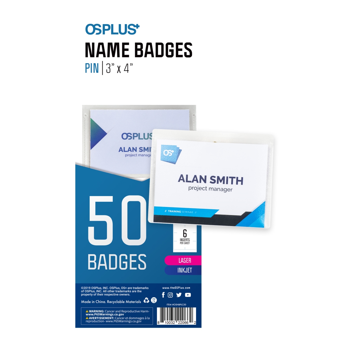 Osnbplc50 3 X 4 In. Pin Horizontal Badge Holder - Pack Of 50