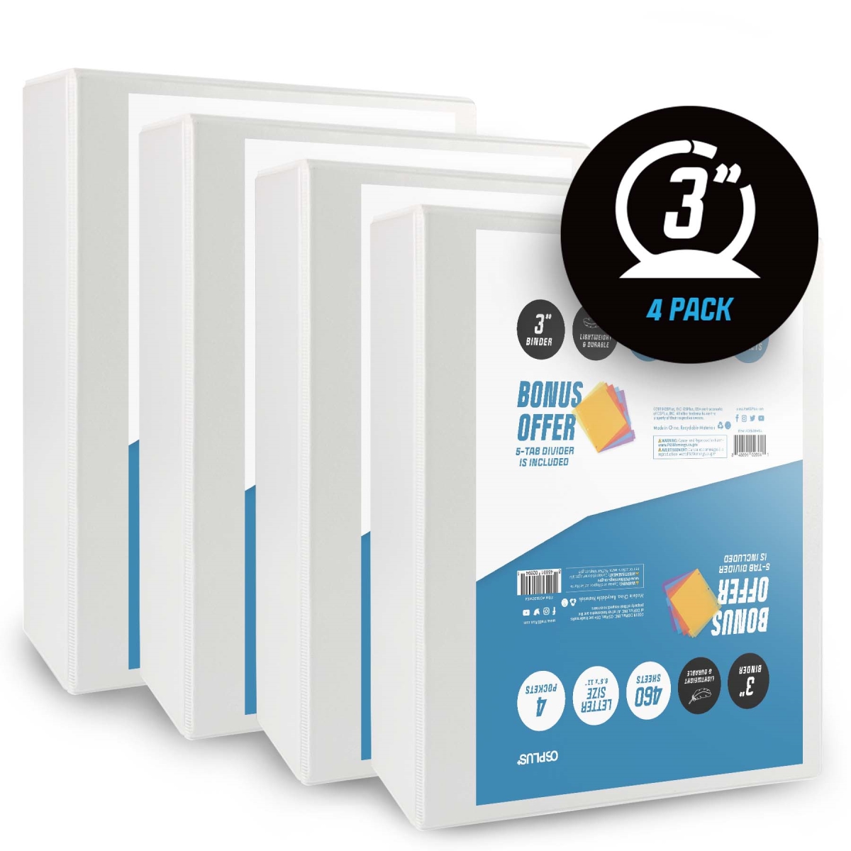 Osb30w04 3 In. O-ring Simple Binder With Bonus 1 Set Divider Included, White - Pack Of 4