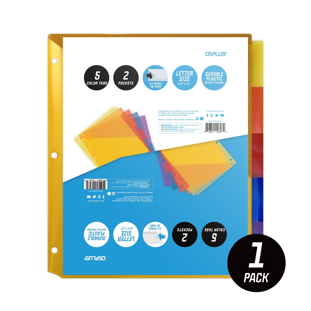 Osd5t2m1 5-tab Plastic Binder Dividers With 2 Pockets & Insertable Big Tabs - Set Of 1