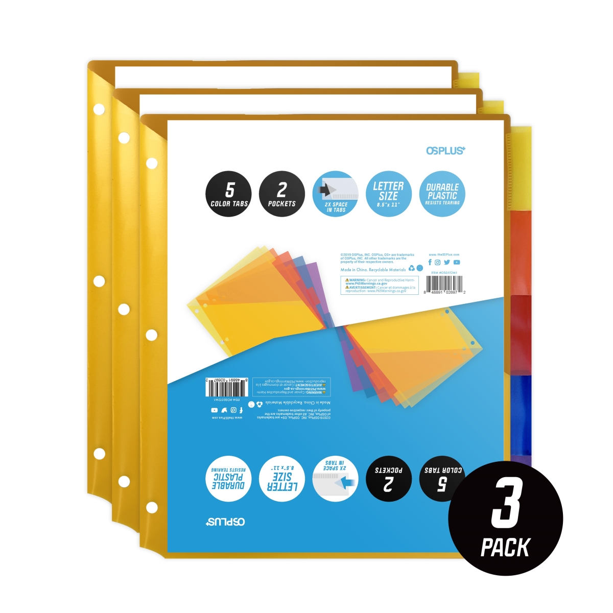Osd5t2m3 5-tab Plastic Binder Dividers With 2 Pockets & Insertable Big Tabs - Set Of 3