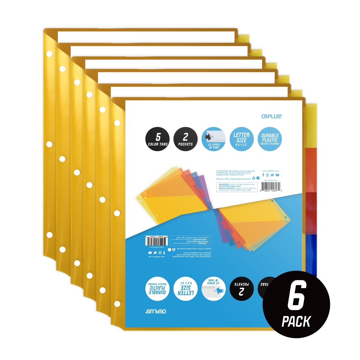 Osd5t2m6 5-tab Plastic Binder Dividers With 2 Pockets & Insertable Big Tabs - Set Of 6