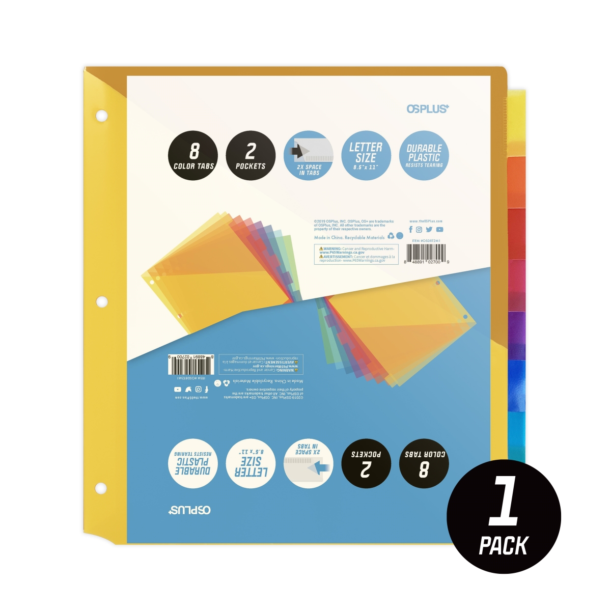Osd8t2m1 8-tab Plastic Binder Dividers With 2 Pockets & Insertable Big Tabs - Set Of 1