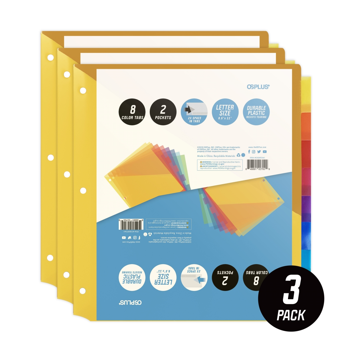 Osd8t2m3 8-tab Plastic Binder Dividers With 2 Pockets & Insertable Big Tabs - Set Of 3