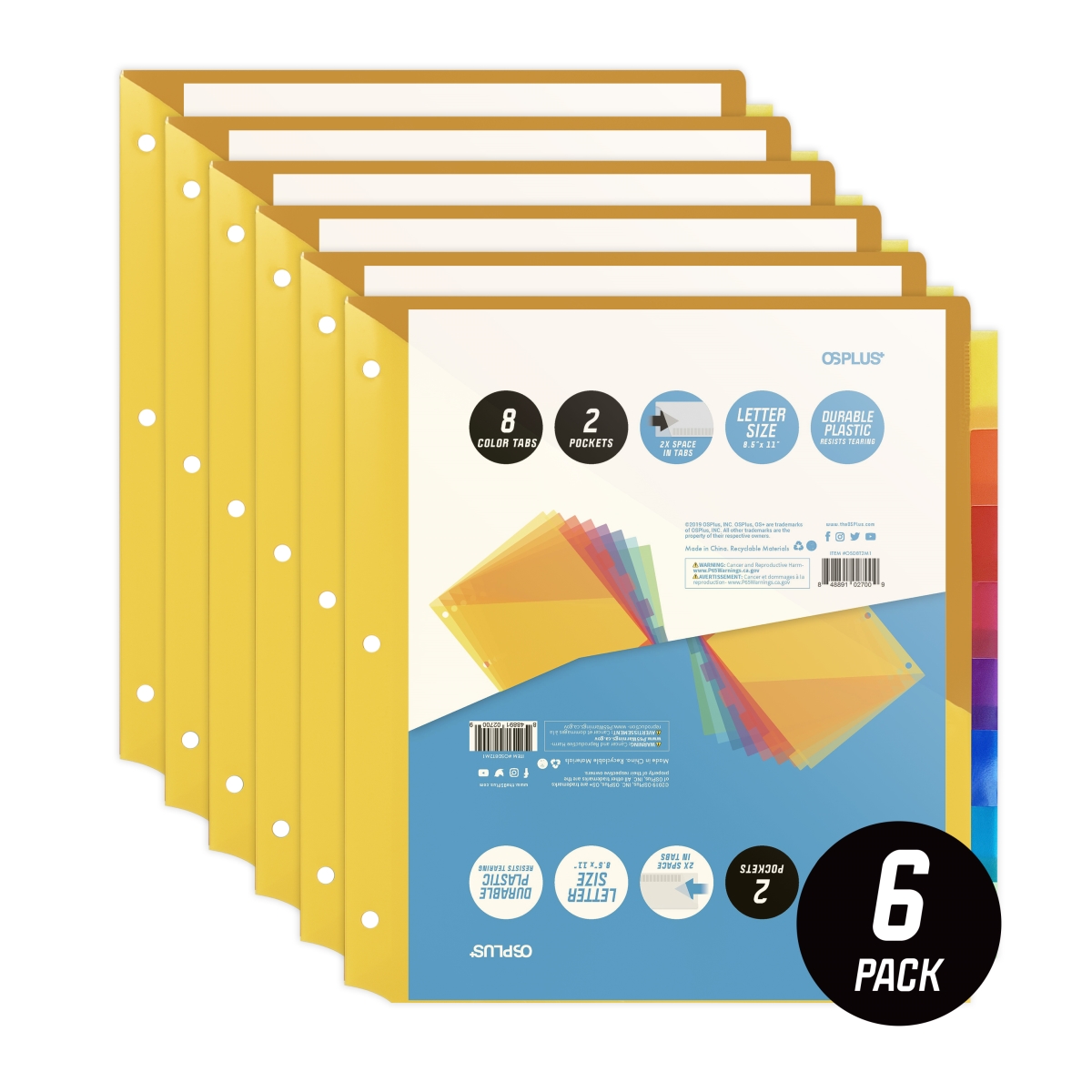 Osd8t2m6 8-tab Plastic Binder Dividers With 2 Pockets & Insertable Big Tabs - Set Of 6