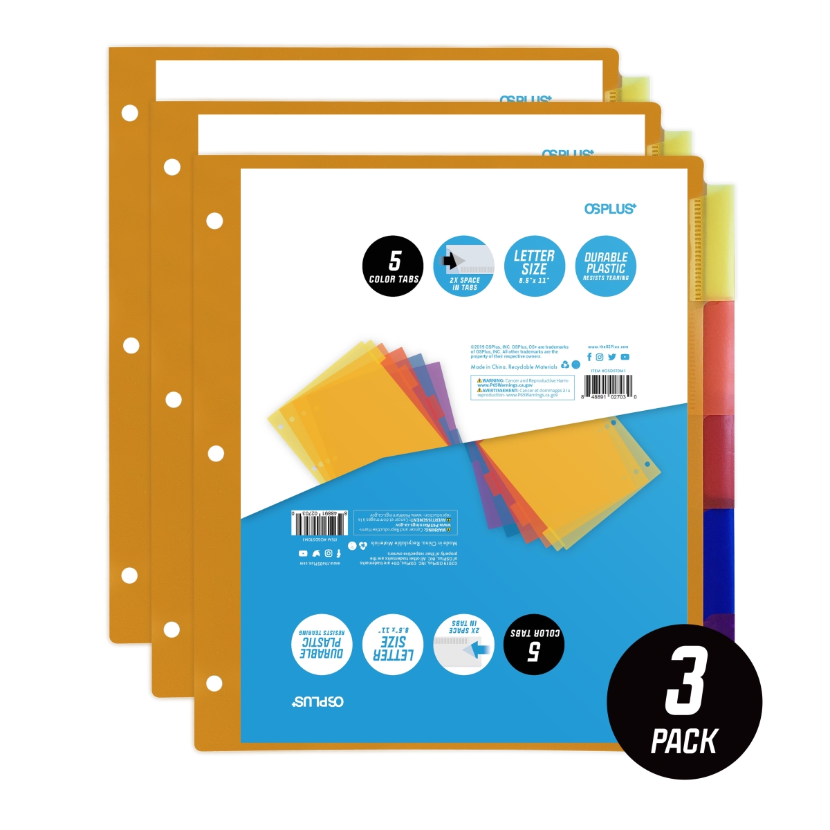 Osd5t0m3 5-tab Plastic Binder Dividers & Insertable Multicolor Big Tabs - Set Of 3