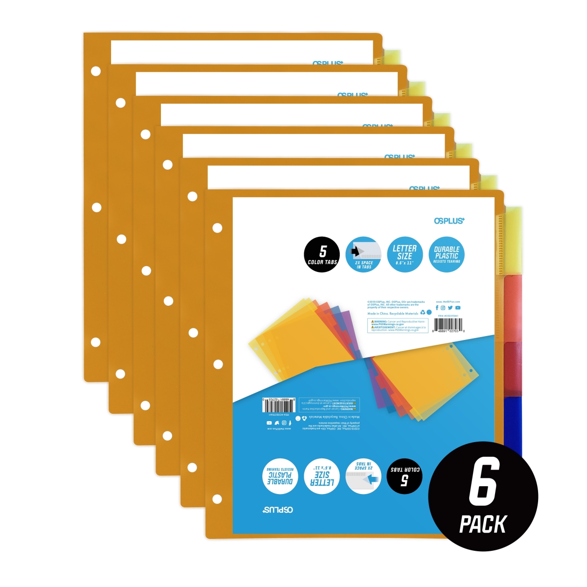 Osd5t0m6 5-tab Plastic Binder Dividers & Insertable Multicolor Big Tabs - Set Of 6