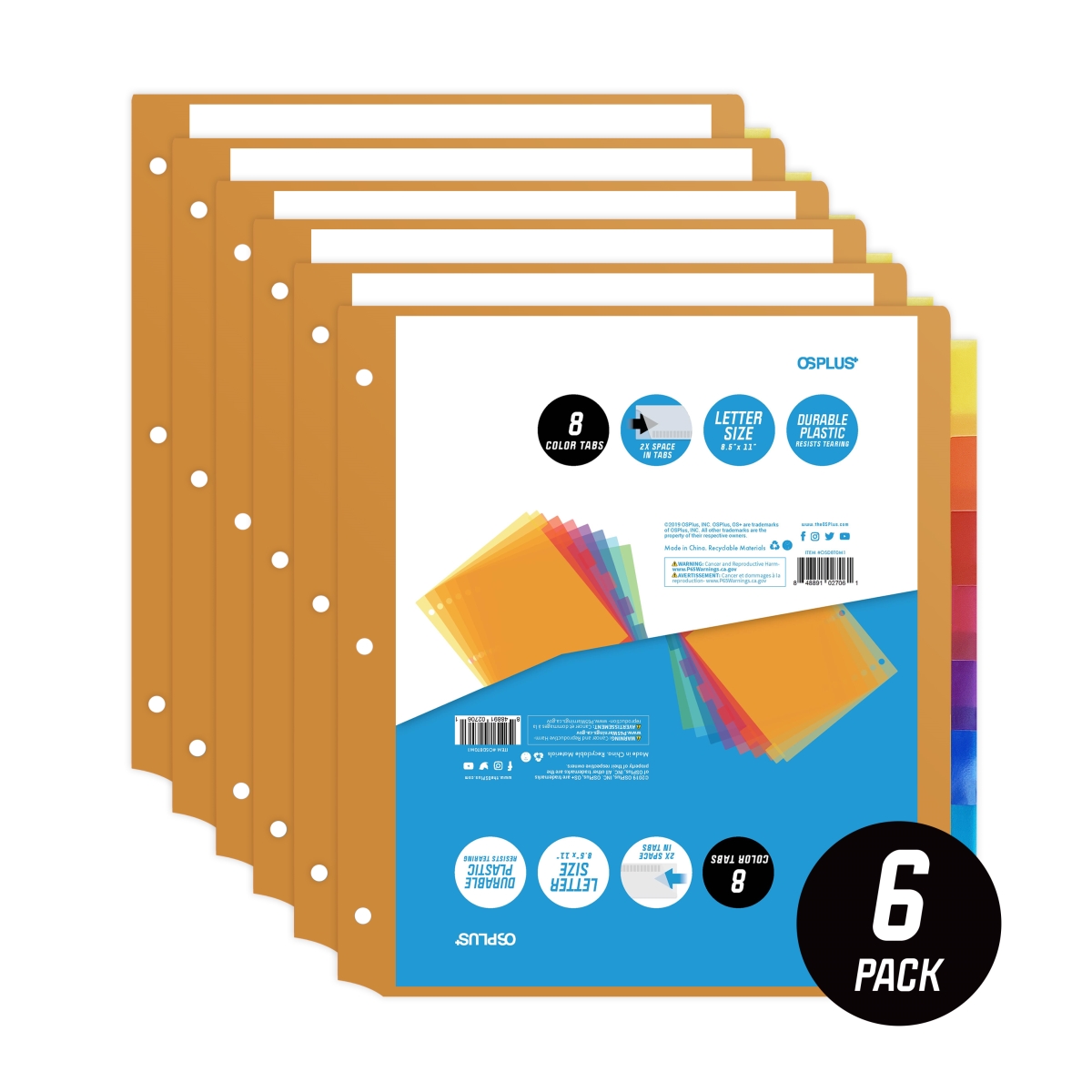 Osd8t0m6 8-tab Plastic Binder Dividers & Insertable Multicolor Big Tabs - Set Of 6