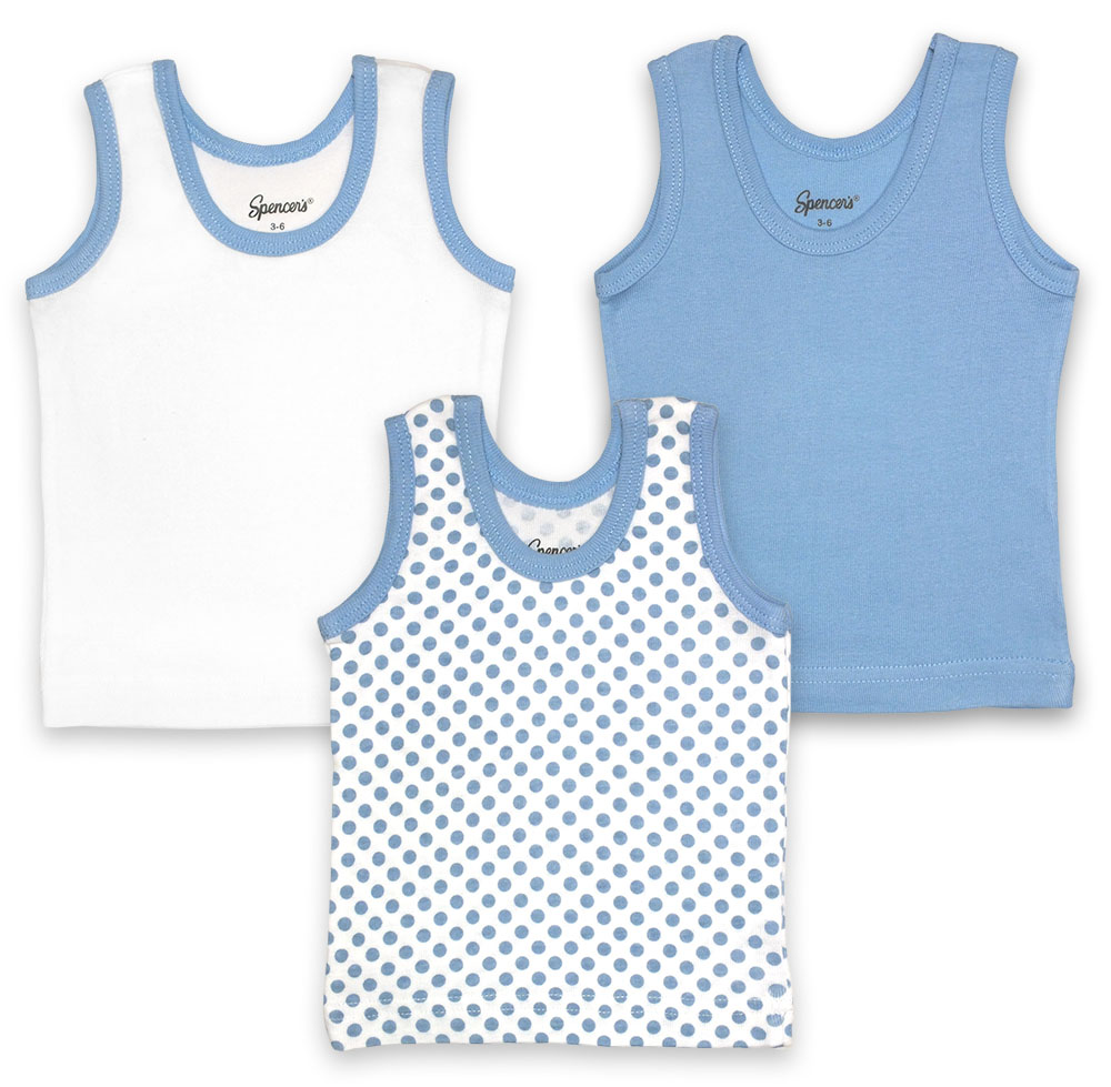 371-3-12-bu 3 Piece White & Blue Sleeveless Tank Shirt Set, 9-12 Months