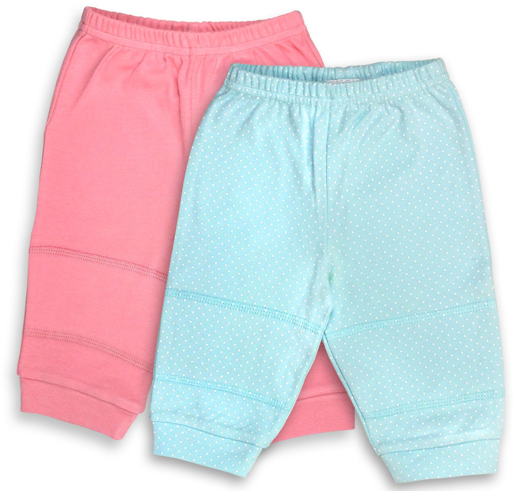 091g-2-3 2 Piece Pink & Aqua Girls Cotton Knit Pants, Dots Print - 0-3 Months