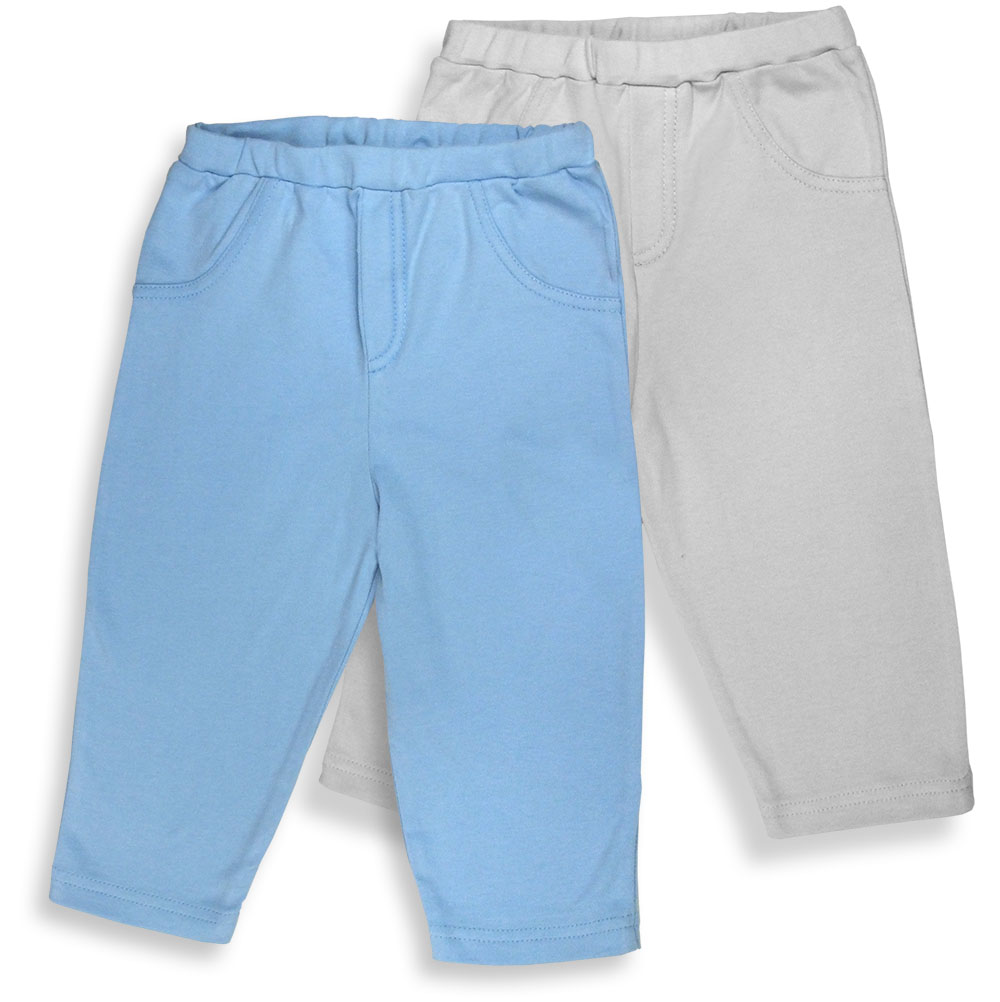 093b-2-12 2 Piece Blue & Grey Boys Cotton Pants With Fly & Pocket Stitched-in Details - 9-12 Months