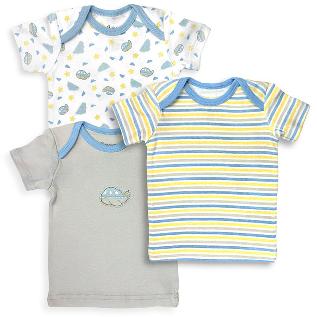 152b-3-12 3 Piece Blue, White, Grey & Yellow Boys T Shirt Set, Planes & Stripes Prints - 9-12 Months