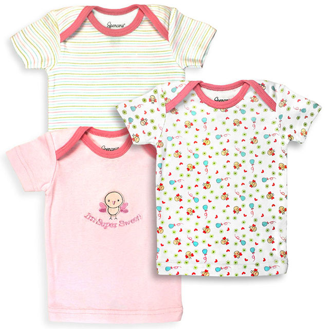 152g-3-18 3 Piece Pink & White Girls T Shirt Set, Birdies & Stripe Prints - 18 Months