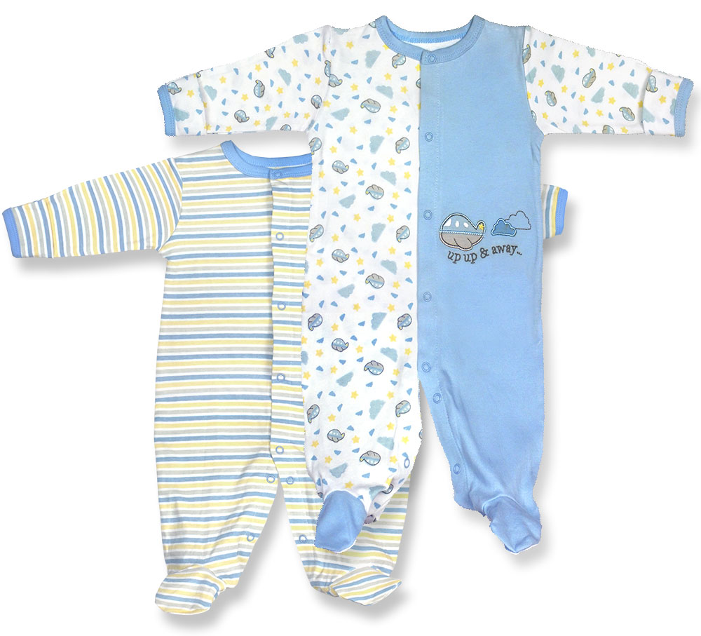 H743b-2-3-st 2 Piece Blue, White & Yellow Boys Sleep N Play Footie Pajama Set, Planes Print & Stripes Print - 0-3 Months