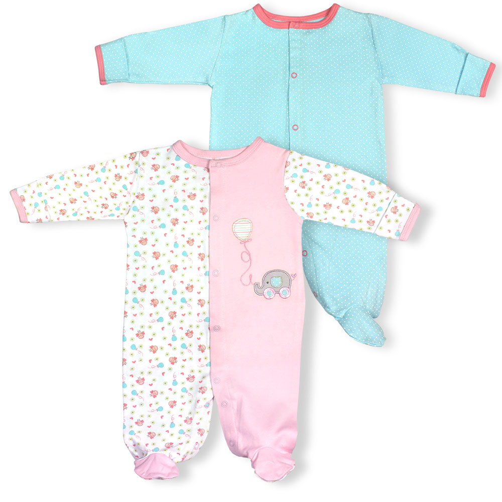 H743g-2-3-aq 2 Piece Pink, White & Aqua Girls Sleep N Play Footie Pajama Set, Birdies Print & Dots Print - 0-3 Months