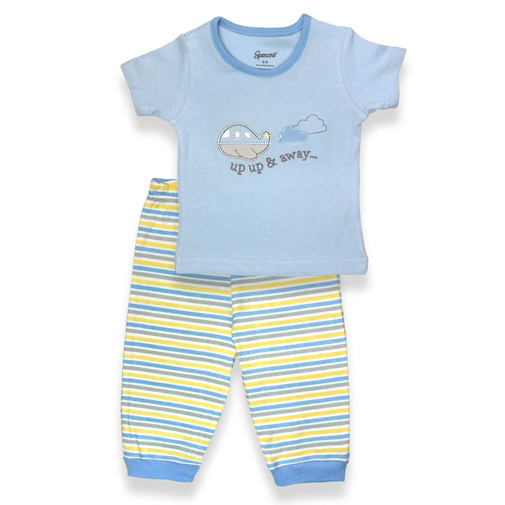 H781b-1-12-yl 2 Piece Yellow & Blue Boys Short Sleeve Pajama, Stripe Print Pants With Blue Shirt - 9-12 Months