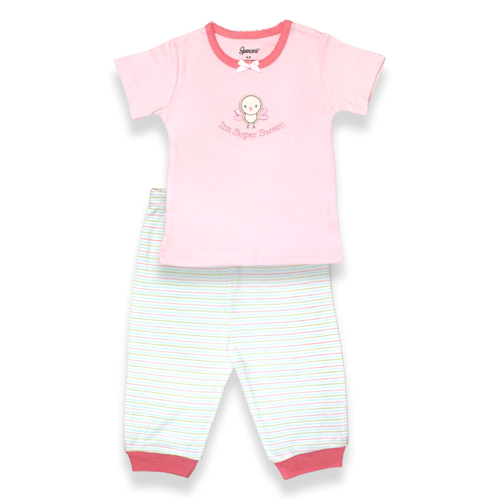 H781g-1-12-st 2 Piece Girls Pink & White Short Sleeve Pajama, Stripe Print Pants & Pink Shirt - 9-12 Months