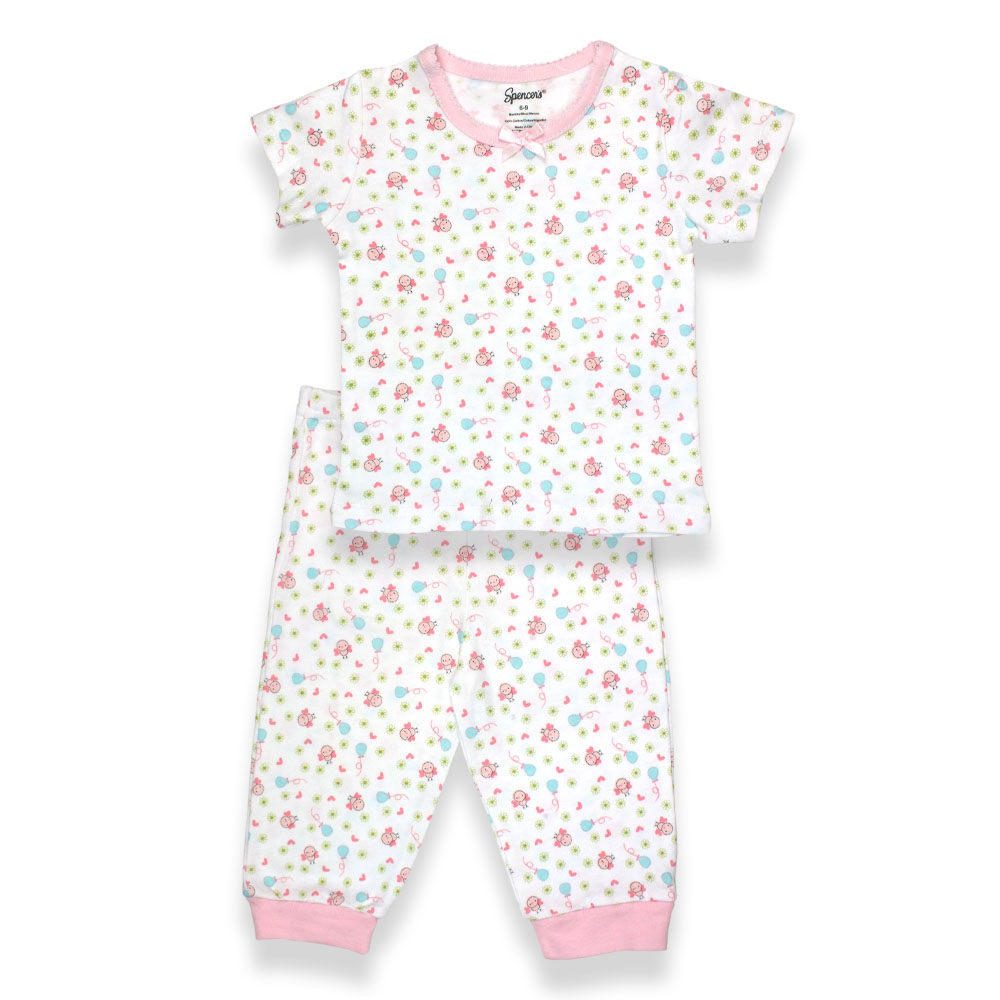 H781g-1-24-br 2 Piece Girls Pink & White Short Sleeve Pajama, Birdies Print - 24 Months