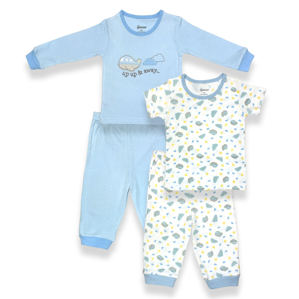 H783b-2-12-bu 4 Piece Boys Blue & White Pajama Set, Planes Print - 9-12 Months