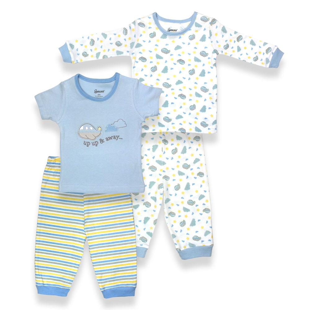 H783b-2-18-yl 4 Piece Boys Yellow, Blue & White Pajama Set, Stripes & Planes Print - 18 Months