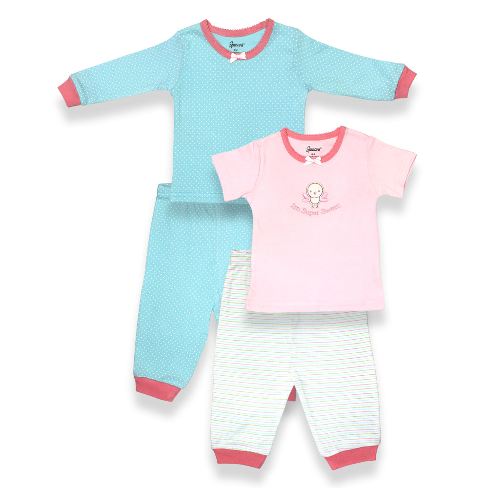H783g-2-12-aq 4 Piece Girls Aqua, Pink & White Pajama Set, Stripes & Aqua Dots Print - 9-12 Months
