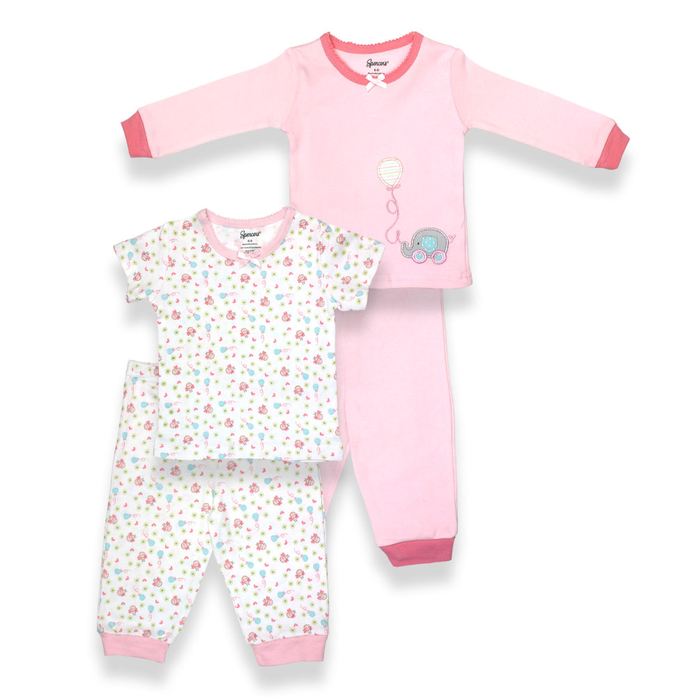 H783g-2-12-pi 4 Piece Girls Pink & White Pajama Set, Birdies Print - 9-12 Months