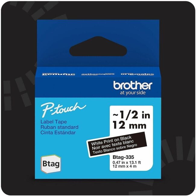 BRTBTAG335 P-Touch B-Tag 335 White on Black Label Tape - 0.46 in. x 13.12 ft. Length