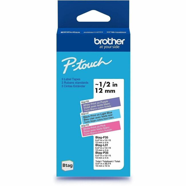 BRTBTAG3M02 P-Touch Multi Color Label Tape - 0.46 in. x 13.12 ft. Length - Pack of 3