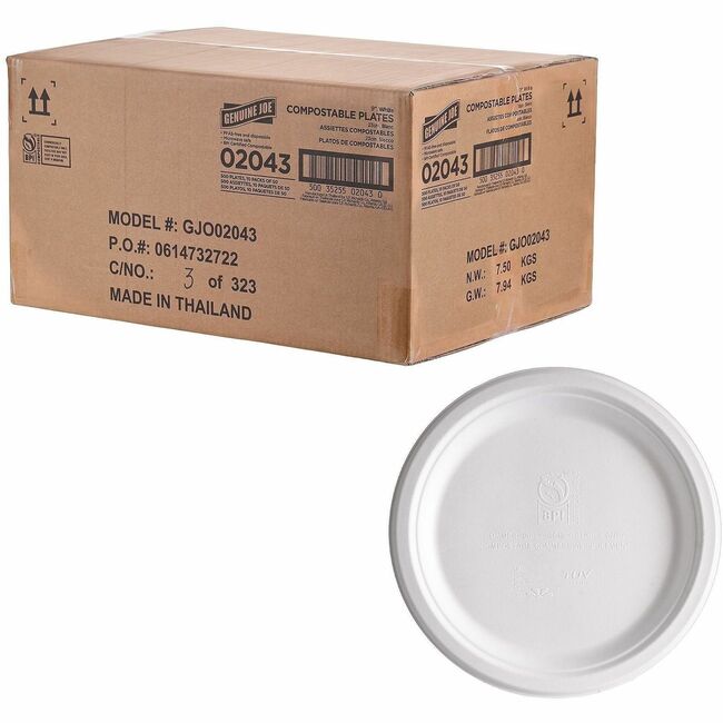 GJO02043 9 in. Dia. BPI Certified Compostable Paper Plate with Breakroom Food & Disposable Microwave Safe, White