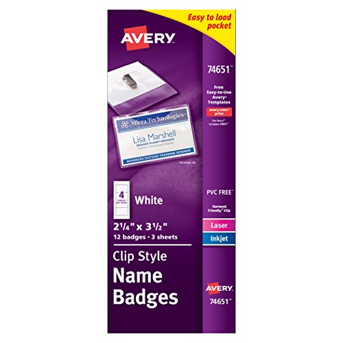 Avery AVE74651 Top Loading Garment Friendly Clip Style Name Badges White Avery AVE74651 Top Loading Garment Friendly Clip Style Name Badges White