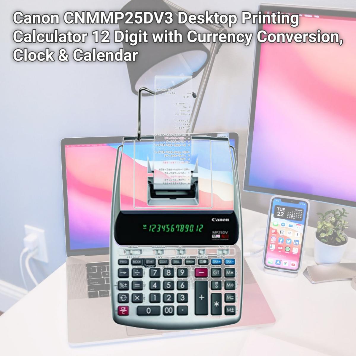 Picture of Canon CNMMP25DV3 Desktop Printing Calculator 12 Digit with Currency Conversion, Clock & Calendar
