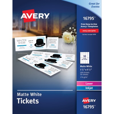 Ave16795 Tear-away Stubs Matte Printable Tickets, White