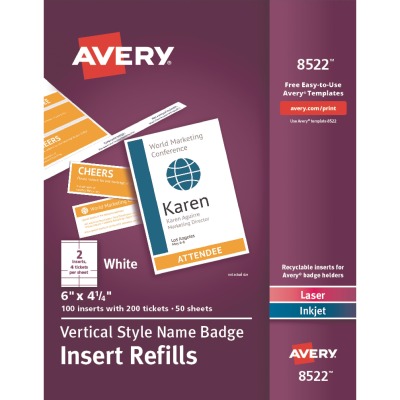 Ave8522 Vertical Name Badge & Ticket Inserts, White