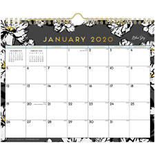 Blue Sky  Baccara Dark Floral Monthly Wall Calendar, Black & Gold
