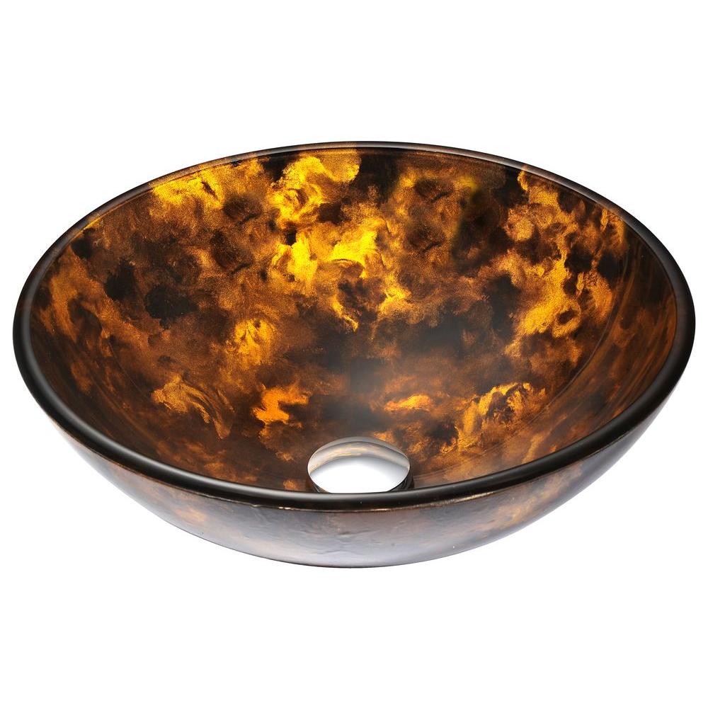 Anzzi Ls-az049 Timbre Series Deco-glass Vessel Sink In Kindled Amber With Matching Chrome Waterfall Faucet