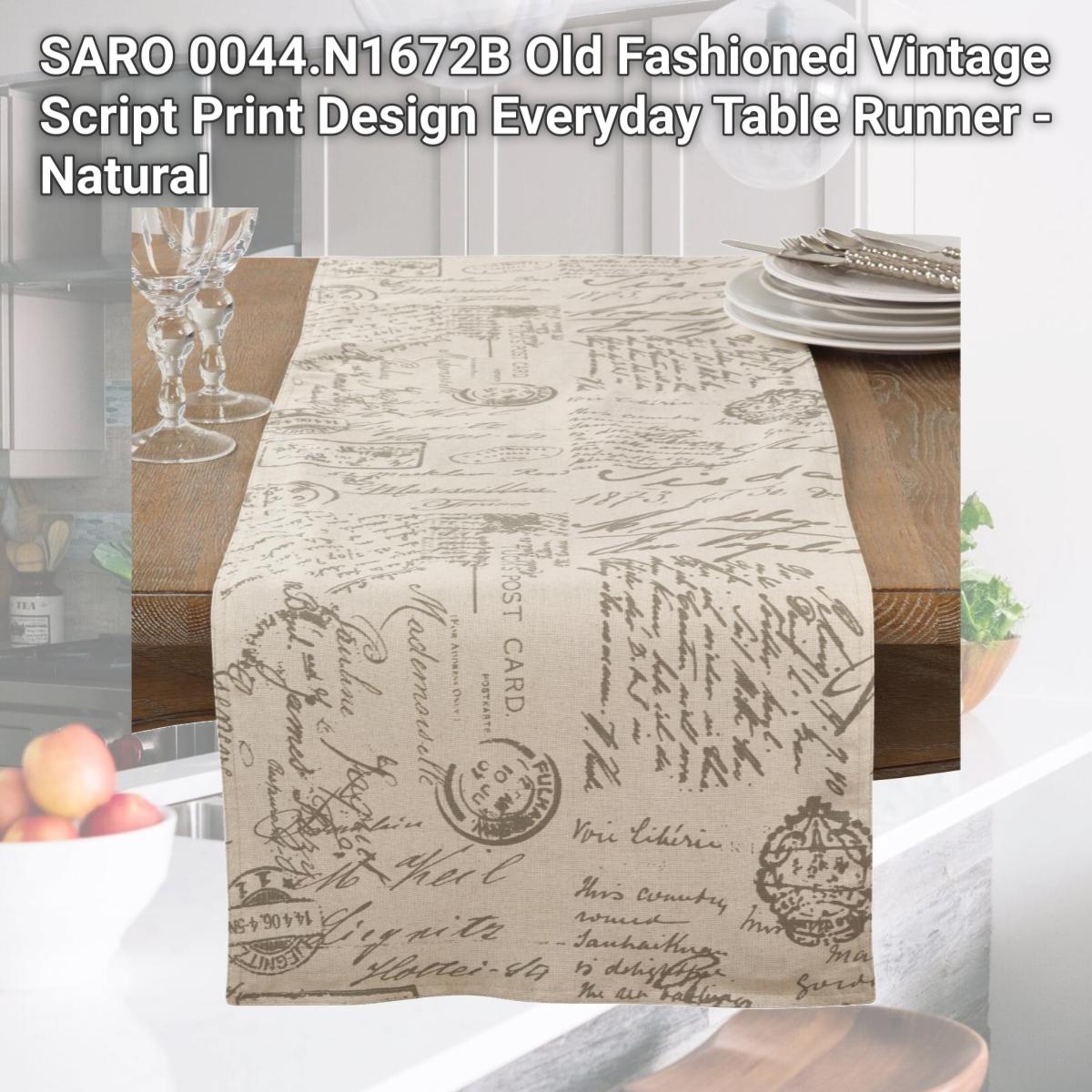Picture of SARO 0044.N1672B Old Fashioned Vintage Script Print Design Everyday Table Runner - Natural