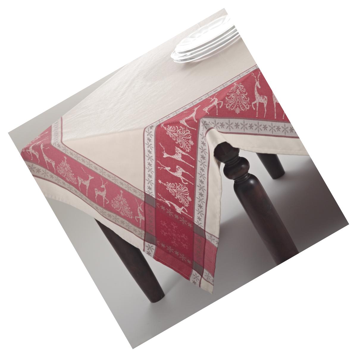 Picture of SARO 6811.R72S 72 in. Square Christmas Reindeer Jacquard Tablecloth - Red &amp; Tan