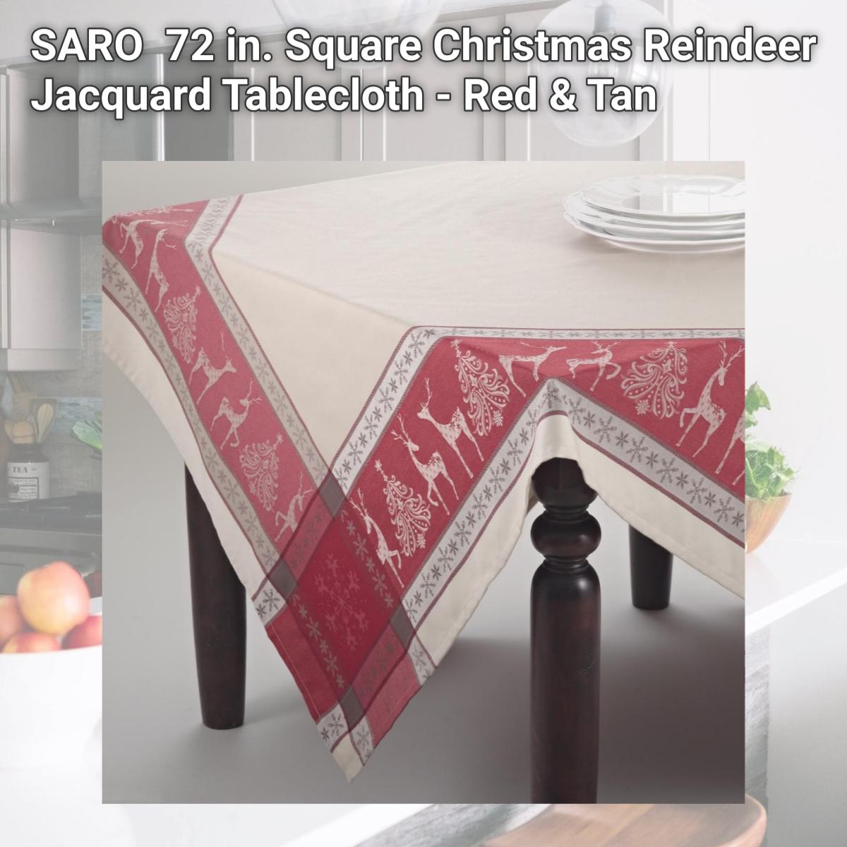 Picture of SARO 6811.R72S 72 in. Square Christmas Reindeer Jacquard Tablecloth - Red &amp; Tan