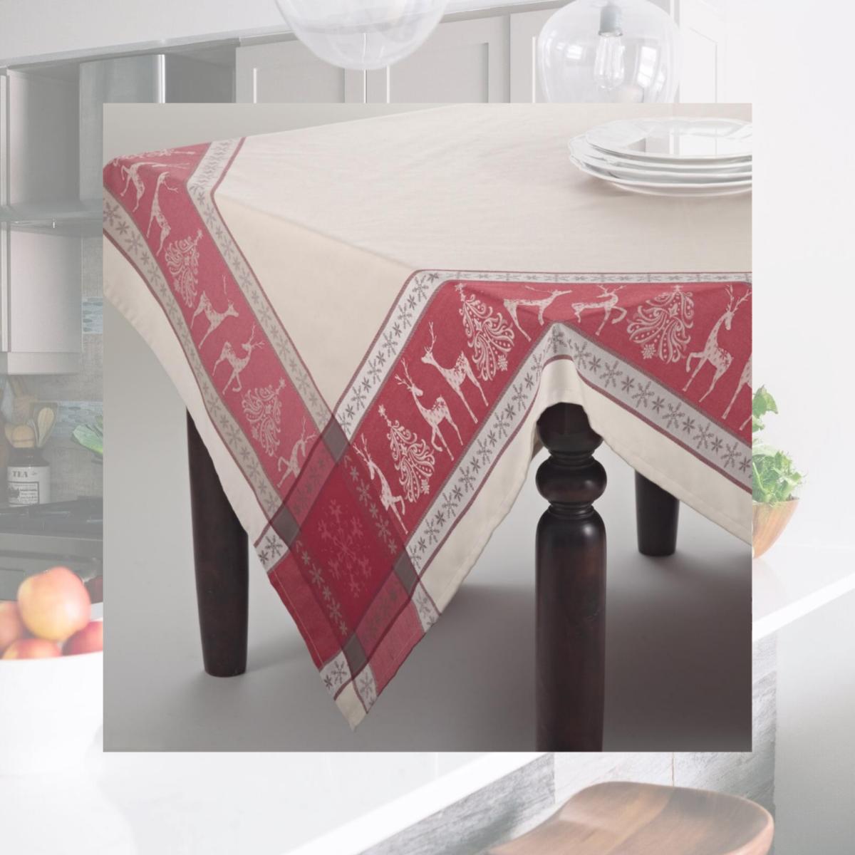 Picture of SARO 6811.R72S 72 in. Square Christmas Reindeer Jacquard Tablecloth - Red &amp; Tan