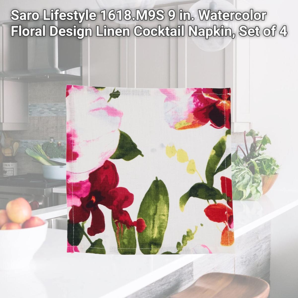 Picture of Saro Lifestyle 1618.M9S 9 in. Watercolor Floral Design Linen Cocktail Napkin, Set of 4