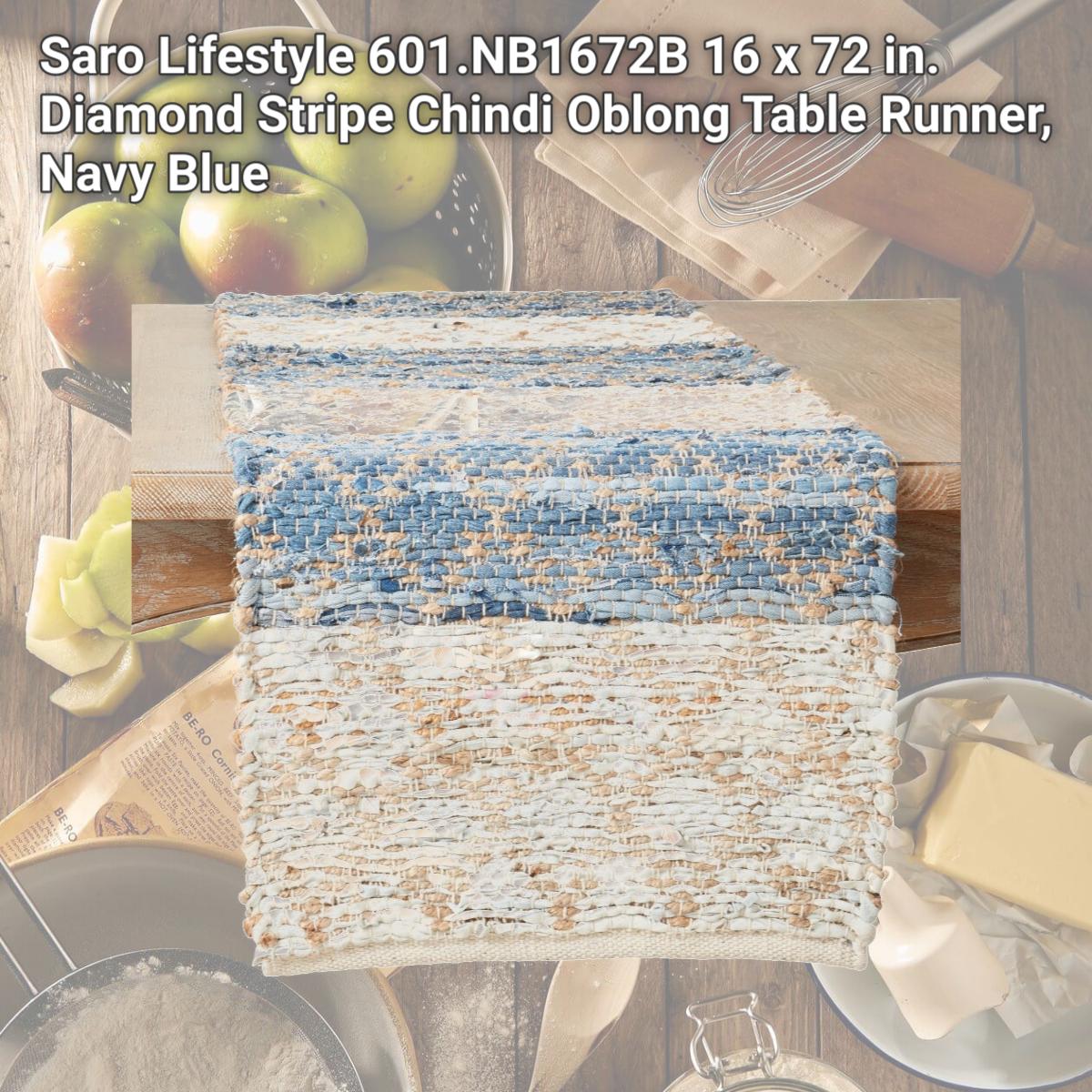 Picture of Saro Lifestyle 601.NB1672B 16 x 72 in. Diamond Stripe Chindi Oblong Table Runner, Navy Blue