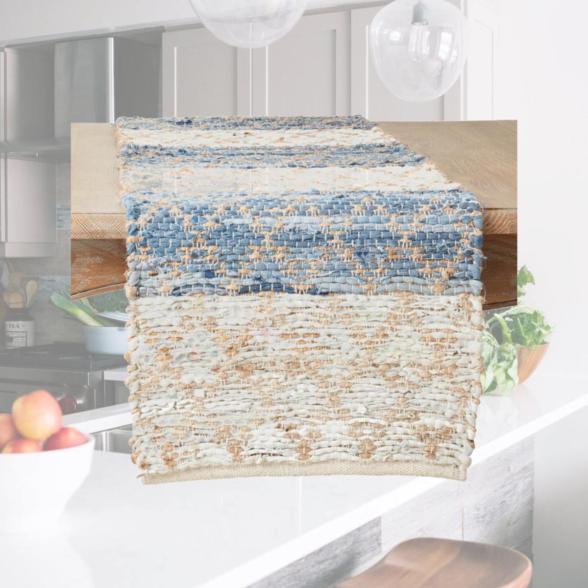 Picture of Saro Lifestyle 601.NB1672B 16 x 72 in. Diamond Stripe Chindi Oblong Table Runner, Navy Blue