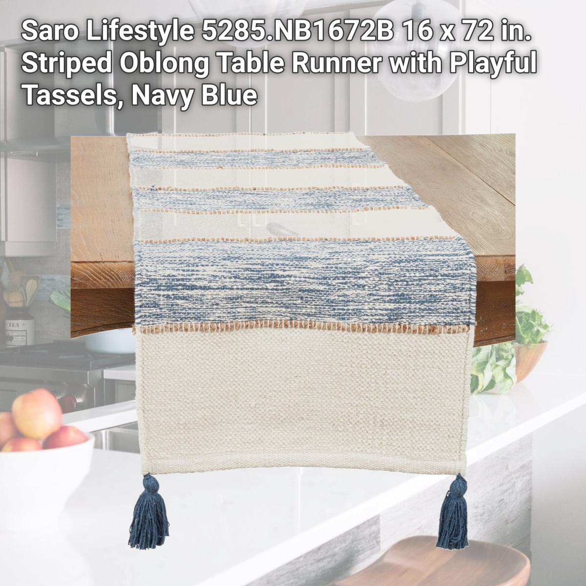 Picture of Saro Lifestyle 5285.NB1672B 16 x 72 in. Striped Oblong Table Runner with Playful Tassels, Navy Blue
