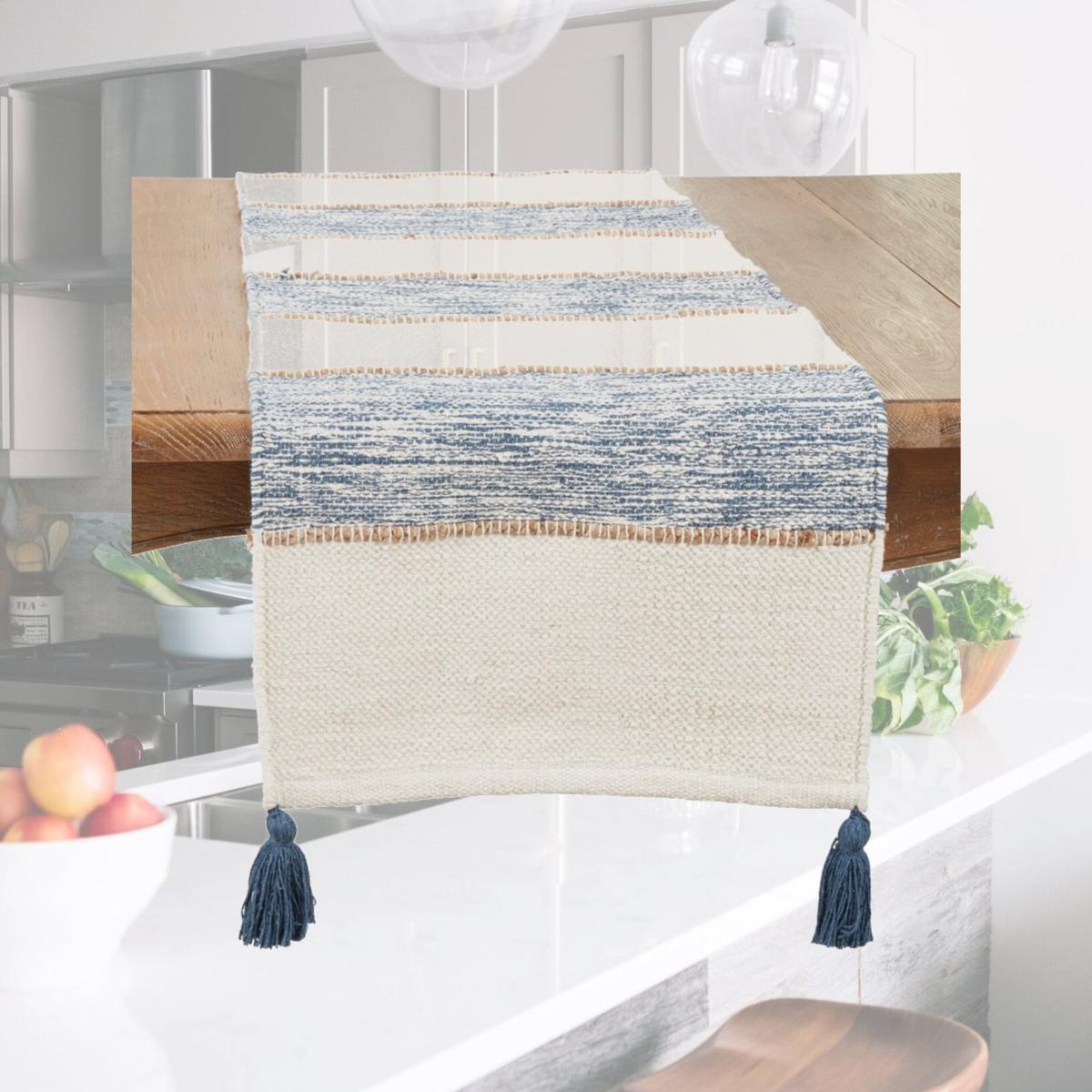 Picture of Saro Lifestyle 5285.NB1672B 16 x 72 in. Striped Oblong Table Runner with Playful Tassels, Navy Blue