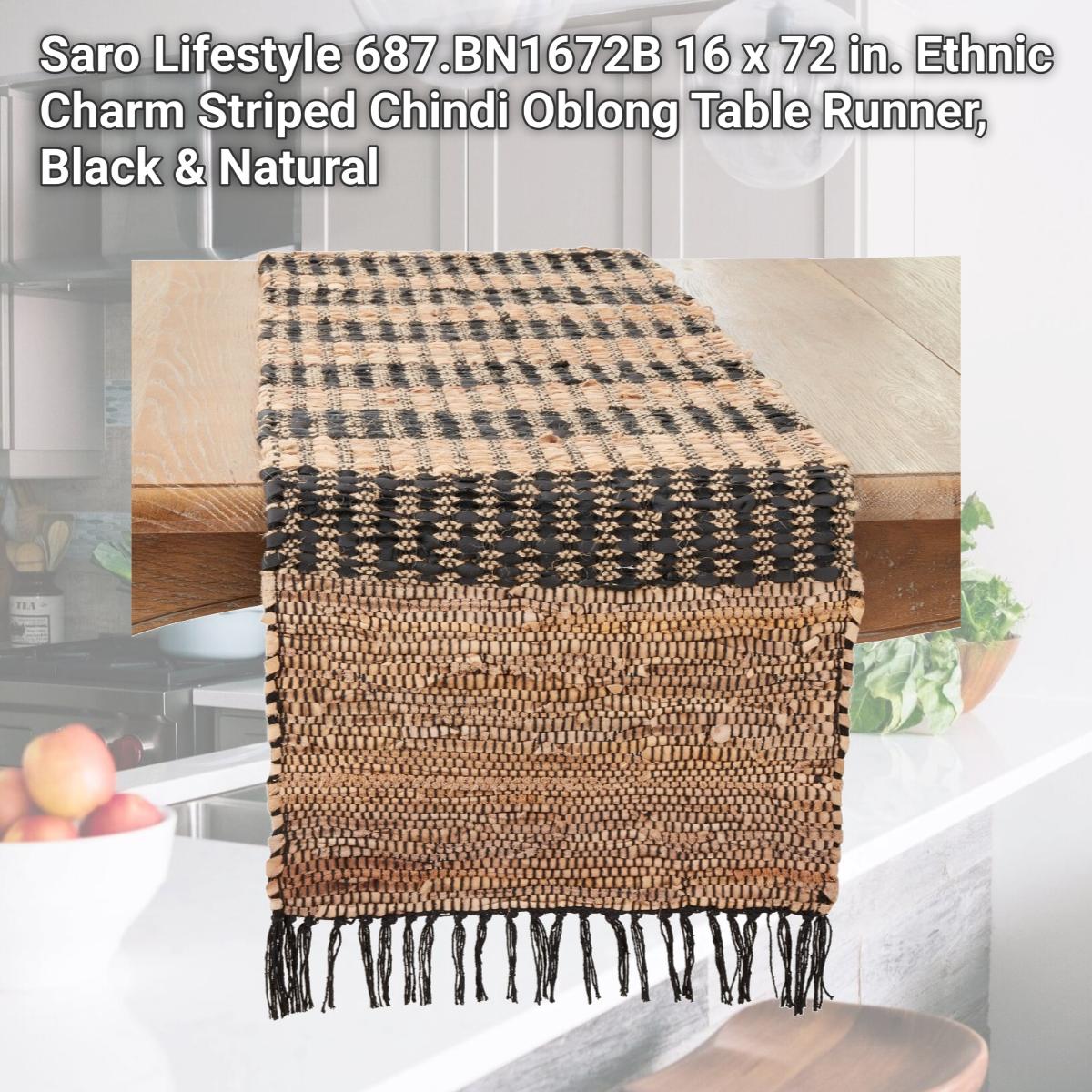 Picture of Saro Lifestyle 687.BN1672B 16 x 72 in. Ethnic Charm Striped Chindi Oblong Table Runner, Black & Natural